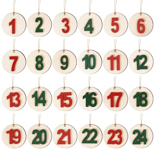 BOFUNX 1-24 Adventskalender Zahlen Anhänger Holz Adventskalender Holzzahlen Holzanhänger DIY Countdown Kalender Weihnachtskalender Geschenke Anhänger von BOFUNX