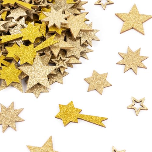 BOFUNX 101 Stücke Sterne Streudeko Mini Holzsterne Glitzer Sterne Deko Gold Sterne Konfetti für Adventskranz Weihnachten Deko Tischdeko DIY Handwerk von BOFUNX