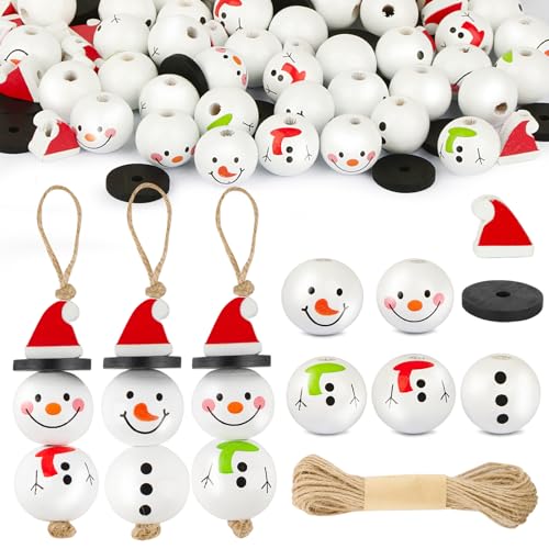 BOFUNX 120 Stücke Holzperlen Schneemann 20mm Holzkugeln mit Loch Schneemann Weihnachtsperlen mit 10M Juteschnur für Schneemann Anhänger Basteln Weihnachtsdeko Homedeko von BOFUNX