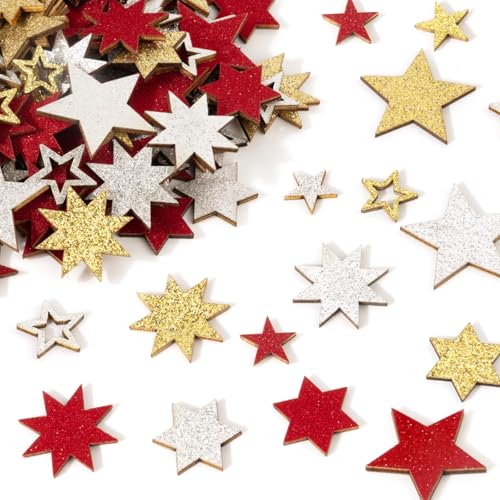 BOFUNX 138 Stücke Sterne Streudeko Mini Holzsterne Glitzer Sterne Deko Gold Silber Rot Sterne Konfetti für Adventskranz Weihnachten Deko Tischdeko DIY Handwerk von BOFUNX