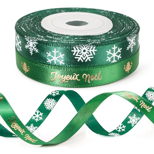 BOFUNX 1cm×10Yards Geschenkband Joyeux Noël Grün Schleifenband Satinband Dekoband Stoffband für Weihnachten von BOFUNX