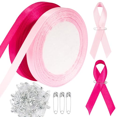 BOFUNX 2 Rolle Schleifenband Rosa Rosarot Satinband Dekoband Stoffband + 100pcs Sicherheitsnadeln für DIY Brustkrebs Bewusstsein Brosche von BOFUNX