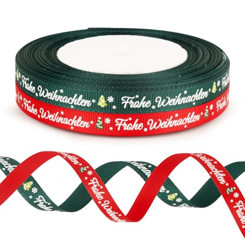 BOFUNX 2 Rollen Weihnachten Geschenkband Schleifenband Frohe Weihnachten Satinband Rot Grün Dekoband Basteln Bänder für Weihnachten Geschenk Weihnachtsdeko, 1cm×25Yards von BOFUNX