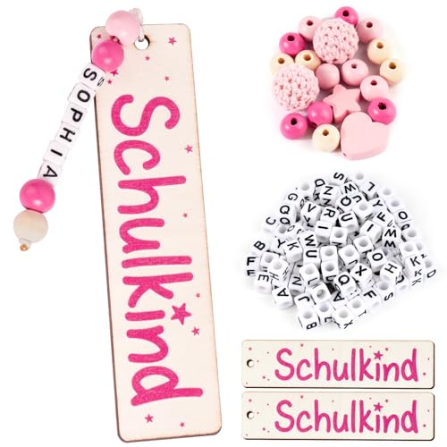 BOFUNX 2 Sets Lesezeichen Schulkind Holz Lesezeichen mit A-Z Buchstaben Holzperlen DIY Personalisiertes Lesezeichen für Mädchen Einschulung Geschenk Schulanfang Geschenk Schultüte Füllung von BOFUNX