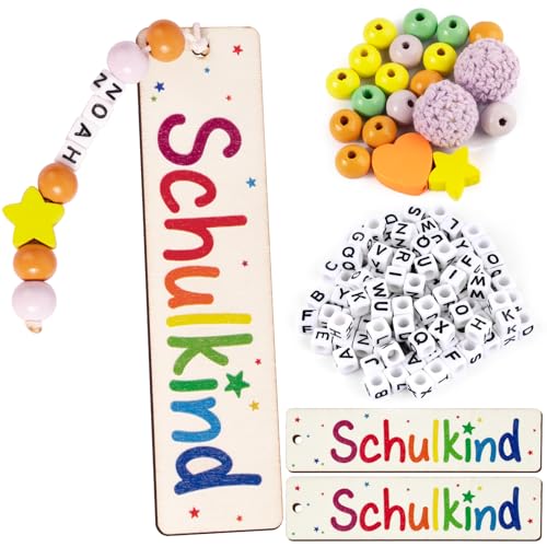 BOFUNX 2 Sets Lesezeichen Schulkind Holz Lesezeichen mit A-Z Buchstaben Holzperlen DIY Personalisiertes Lesezeichen für Mädchen Jungen Einschulung Geschenk Schulanfang Geschenk Schultüte Füllung von BOFUNX