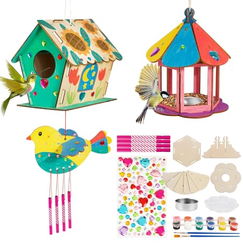 BOFUNX 2 Stück Vogelhaus Windspiel Bastelsets für Kinder Holz Vogelfutterhaus Bastelset für Kinder zu Bauen und Malen Vogelhaus Bausatz für Frühling Jungen Mädchen Geschenk von BOFUNX