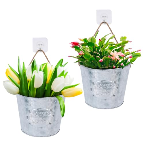 BOFUNX 2 Stücke Hängende Blumentöpfe Metall Vintage Blumentopf Hängeampel mit Juteseil Selbstklebend Haken für Blumen Pflanzen Wanddeko Gartendeko Wandvase von BOFUNX