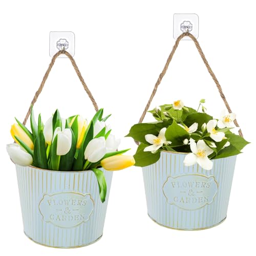 BOFUNX 2 Stücke Hängende Blumentöpfe Metall Vintage Blumentopf Hängeampel mit Juteseil Selbstklebend Haken für Blumen Pflanzen Wanddeko Gartendeko Wandvase von BOFUNX