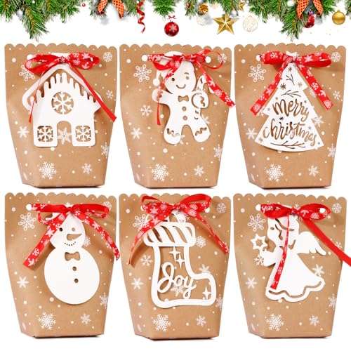 BOFUNX 24 Stück Weihnachten Geschenktüten Kraftpapier Geschenktüten zum Befüllen Weihnachten Papiertüten Candy Tüten mit Kordelzug für Kinder Weihnachts Geschenk von BOFUNX