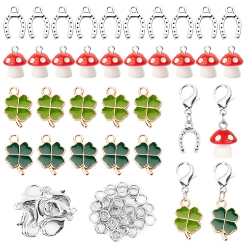 BOFUNX 30 Stücke Glücksbringer Charms Anhänger Mini Kleeblätter Pilz Hufeisen klein Glücksbringer Deko Basteln DIY Schmuck Halsketten Handwerk Silvester Geburtstag Geschenk von BOFUNX