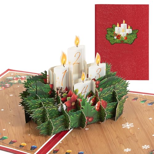 BOFUNX 3D Pop Up Karte Advent Pop up Klappkarte mit Adventskranz Adventkerzen Grußkarte zur Adventszeit Weihnachtskarten mit Umschlag für Kinder Frauen Männer von BOFUNX