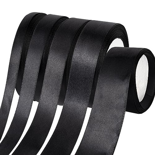 BOFUNX 5 Rollen Satinband Schwarz Geschenkband Geschenkverpackung Band Schleifenband für Bastelarbeiten Halloween Karneval Hochzeit Dekorationen Geschenk (1 cm, 1,5 cm, 2 cm, 2,5 cm, 3,8 cm) von BOFUNX