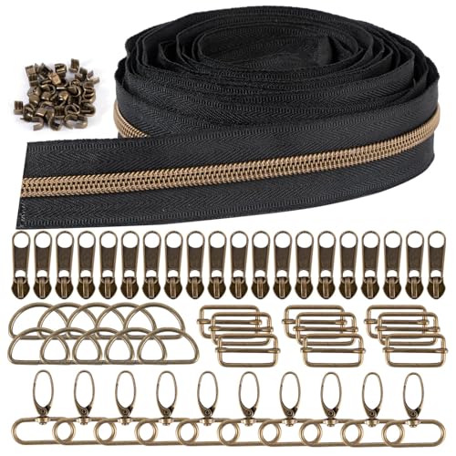 BOFUNX 6 Yards Reißverschlüsse mit 20 Stücke Reißverschlüsse Zipper 40 Stücke Reißverschlüsse Stopper und 30 Stücke 3.2cm D Ringe Karabiner Schnalle für Kleidung Taschen Nähen Reparatur von BOFUNX