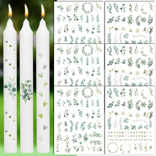 BOFUNX 6pcs Kerzentattoos Eukalyptus Kerzen Tattoofolie Wassertransfer Kerzen Sticker Kerzendeko für Taufe Kommunion Hochzeit Geburtstag Party von BOFUNX