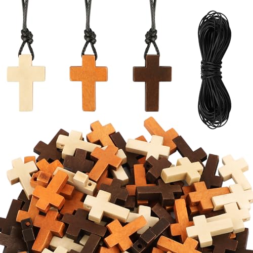 BOFUNX 90 Stücke Holzkreuz Anhänger 3 Farbe Klein Holz Kreuz Charms Kommunion Tischdeko Streudeko mit 15M Schwarz Schnur für DIY Handwerk Armbänder Halskette Kommunion Taufe Geschenke von BOFUNX