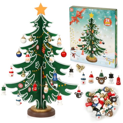 BOFUNX Adventskalender DIY Weihnachtsbaum mit 24 Stücke Weihnachtsanhänger Holz Weihnachtsbaum Ornamente Weihnachtsbaumschmuck Weihnachtsbaumdeko Kinder Weihnachtsgeschenk von BOFUNX