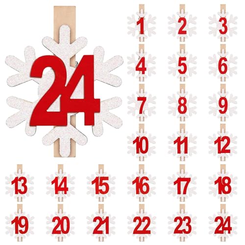 BOFUNX Adventskalender Klammern mit Zahlen 1-24 Adventskalender Holz Zahlen Glitzer Schneeflocken Holzklammern für Adventskalender Weihnachtskalender Basteln Weihnachtsdeko Handwerk von BOFUNX