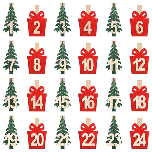 BOFUNX Adventskalender Klammern mit Zahlen 1-24 Adventskalender Holz Zahlen Mini Holzklammern für Adventskalender Weihnachtskalender Basteln Weihnachtsdeko Handwerk von BOFUNX