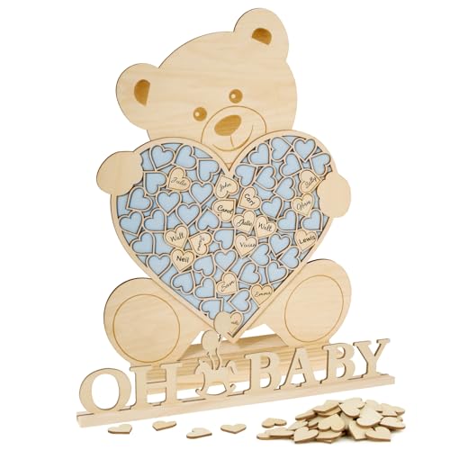 BOFUNX Baby Shower Gästebuch Holz mit Bärrahmen Taufe Gästebuch+52 Holzherzen+1 Holzschild, Baby Shower Deko Geschenk Erinnerungsbuch für Taufe Kommunion Konfirmation von BOFUNX