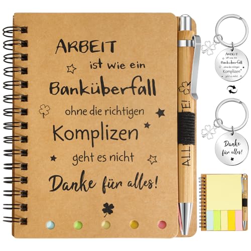 BOFUNX Danke Geschenk für Kollegen A5 Notizblock mit Spruch Arbeit ist wie ein Banküberfall und Holz Kugelschreiber Schlüsselanhänger Abschiedsgeschenk Kollegen Mitarbeiter Jobwechsel von BOFUNX