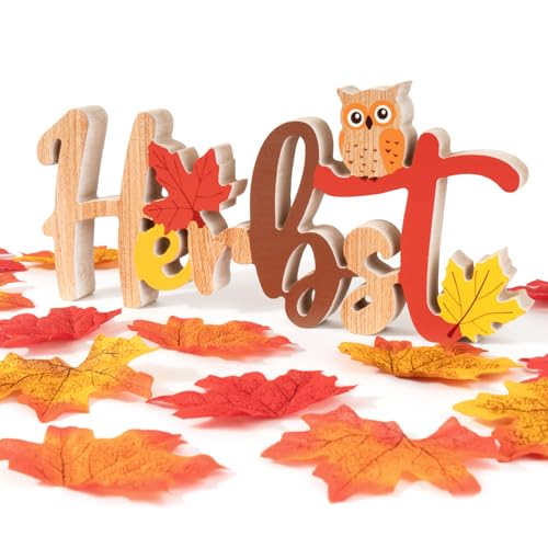 BOFUNX Herbst Deko Holz Schriftzug Herbst Tischdeko mit 50pcs Herbstblätter Tisch Ornament Deko Tischaufsätze Herbst Thanksgiving Tischdekoration von BOFUNX