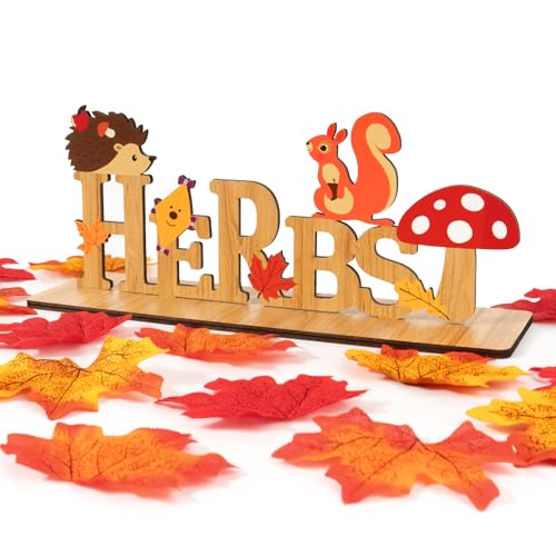 BOFUNX Herbst Deko Holz Schriftzug Herbst Tischdeko mit 50pcs Herbstblätter Tisch Ornament Deko Tischaufsätze Herbst Thanksgiving Tischdekoration von BOFUNX