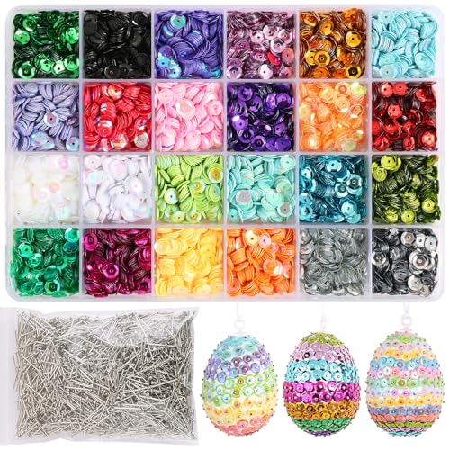 BOFUNX Pailletten Basteln Set, 24 Farbe Rund Pailletten Glitzer Lose Craft Pailletten und Stecknadeln für DIY Pailletten Osterei Handwerk Herstellung Kleidung Nähen von BOFUNX