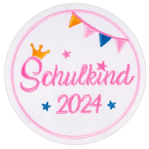 BOFUNX Schulkind 2024 Aufnäher Schultüte Patches aufbügeln Schulkind Bügelbild Applikation Aufbügelflicken für Schulranzen Kleidung, 10cm Rosa von BOFUNX