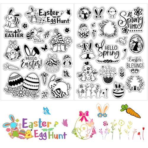 BOFUNX Silikonstempel Ostern, 2 Blätter Clear Stamp Ostern Set Silikon Stempel mit Ostereiern Hase Küken Huhn Blume Wörter Frühling Stempel für DIY Handwerk Scrapbooking Fotoalbum Karten Dekoration von BOFUNX