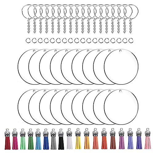 BOGEEL Acryl-Schlüsselanhänger-Rohlinge, 72/96 Stück, transparent, Acryl-Rohlinge, Quasten, Biegeringe für Schlüsselanhänger, Basteln von BOGEEL