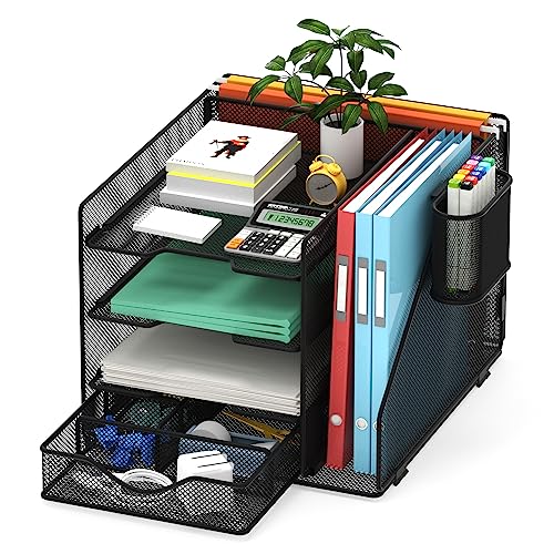 BOHDK Schreibtisch-Organizer mit Hängeregisterhalter, Papier-Briefablage-Organizer mit Schublade und Stifthalter, Netz-Desktop-Organizer und Aufbewahrung von BOHDK