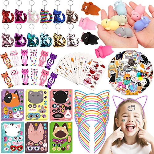 BOIKOKY 122Pcs Katzenparty Zubehör für Kinder - Katzen Themen Geburtstagsfeier Zubehör, Katzenohren Stirnband, Umdrehbarer Pailletten Katzenschlüsselanhänger, Katzen Tattoo Sticker für Mädchen von BOIKOKY