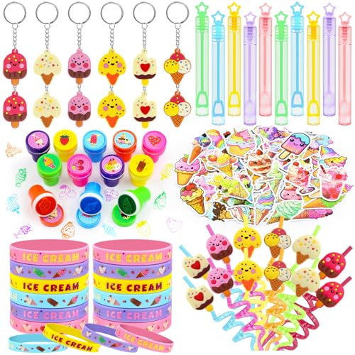 BOIKOKY 110 Tlg Eiscreme Party Favoriten Set - Spaßige Und Bunte Partyartikel Für Kinder, Enthält Wiederverwendbare Trinkhalme, Armbänder, Stempel, Schlüsselanhänger Und Aufkleber von BOIKOKY