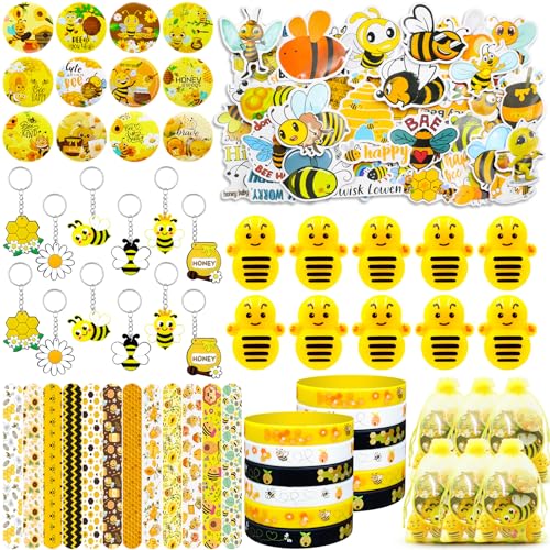 BOIKOKY 122 Stück Bienen Partygeschenke, Klassenzimmerdekorationen mit Bienenmotiv, mit Armbändern, Schlüsselanhängern, Honigaufklebern und Organzabeuteln 10 von BOIKOKY