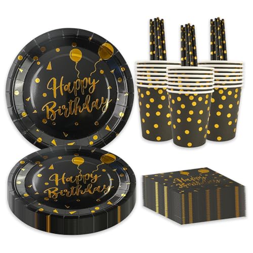 80 Stück Geburtstag Party Geschirr Set, Gold Ballon Geburtstag Party Dekorationen liefert Geschirr Geburtstag Party Teller Servietten Papier Tassen Strohhalme dient für 16 (Schwarzes Gold) von BOKFJBP