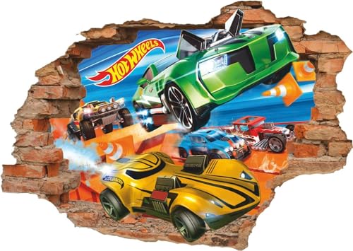 BOKNI Wandtattoo Hot Wheels Cars Kids Boys 3D Smashed Wall View Aufkleber Poster Wandbild von BOKNI