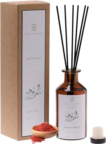 BOLIYVAN Diffusor, 142 ml, natürliche Schilfrohr-Diffusor-Sets mit Diffusor-Sticks, Heimduft, Aromatherapie, Duftöl für Schlafzimmer, Badezimmer, Geschenke für Männer und Frauen Eastern Saffron von BOLIYVAN