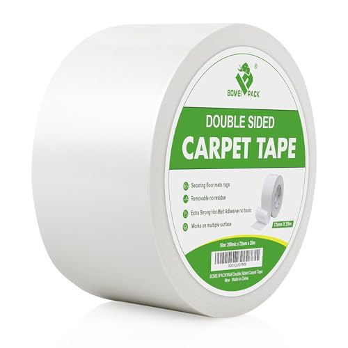 BOMEI PACK Doppelseitiges Teppich-Klebeband, weiß, 72 mm x 25 m, extra klebrig, doppelseitig, zur Befestigung von Sportteppichen zu Hause, im Büro, im Hotel, in der Lobby von BOMEI PACK