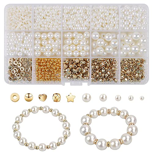 1700 Stück Weiße Runde Perlen Metallperlen Perlen Für Armbänder Spacer Beads Set Bead Making Kit Kunstperle Gold Abstandsperlen Für Diy Schmuckherstellung Halsketten Armbänder Ohrringe Ringe von BOMULEZG