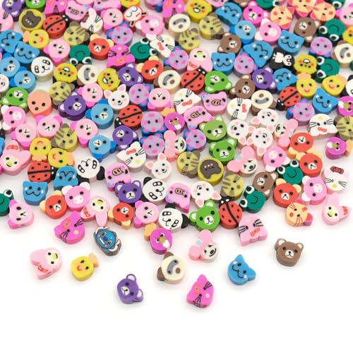 200 Stück Tier Polymer Clay Perlen 9mm bunte Ton Perlen Polymer Clay Beads mix clay Perlen zum auffädeln mit Loch zum Auffädeln für DIY& Handwerk Herstellung (Tier) von BOMULEZG