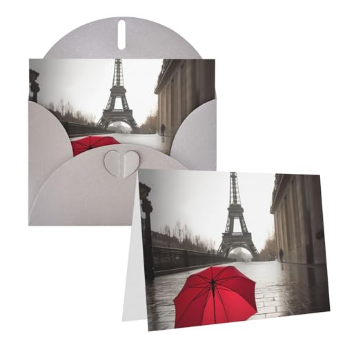 Eiffelturm Paris Straße roter Regenschirm bedruckte Grußkarte interne leere Klappkarten 15,2 x 10,2 cm lustige Geburtstagskarten Weihnachtskarten mit bunten Umschlägen für alle Anlässe von BONDIJ