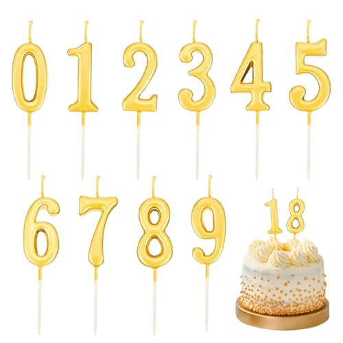 Geburtstagskerzen Zahlen,10 Stück Geburtstags Kerzen Set, Geburtstag Kerzen 0 bis 9 für Geburtstagsfeier Hochzeiten, Jubiläen, Firmenfeiern (Gold) von BONHHC