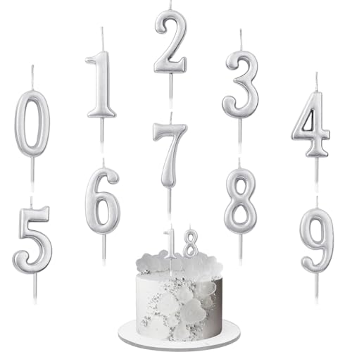 Geburtstagskerzen Zahlen,10 Stück Geburtstags Kerzen Set, Geburtstag Kerzen 0 bis 9 für Geburtstagsfeier Hochzeiten, Jubiläen, Firmenfeiern (Silber) von BONHHC
