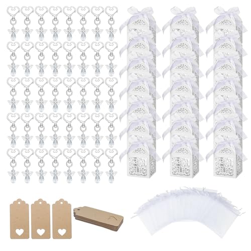 BONJUME Schutzengel Anhänger, 48PCS Gastgeschenke Hochzeit Gastgeschenk Taufe Tischdeko Kommunion Mit Organza Beutel Kraftpapier Anhänger Für Mädchen Junge Taufe Hochzeiten Gastgeschenke Babydusche von BONJUME