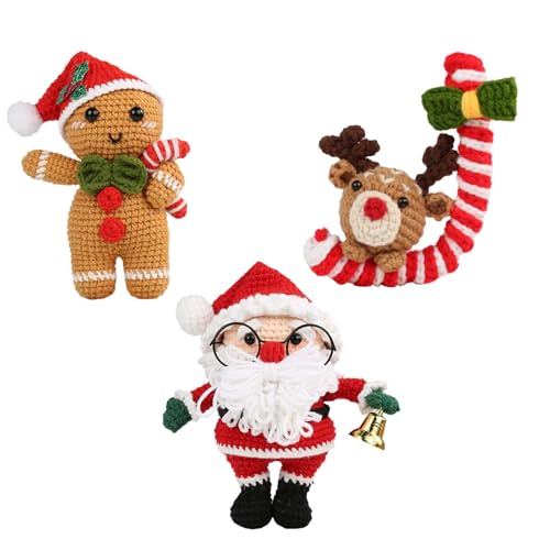 Häkeln, 3PCS Häkeln für Anfänger Weihnachtliche Häkelfiguren Weihnachtsbär Rentier Santa Häkeln Kit DIY-Handarbeiten Mit Häkelnadelset Garn Handnähnadel Polyesterfaserfüllung Stichmarkern Anleitung von BONJUME