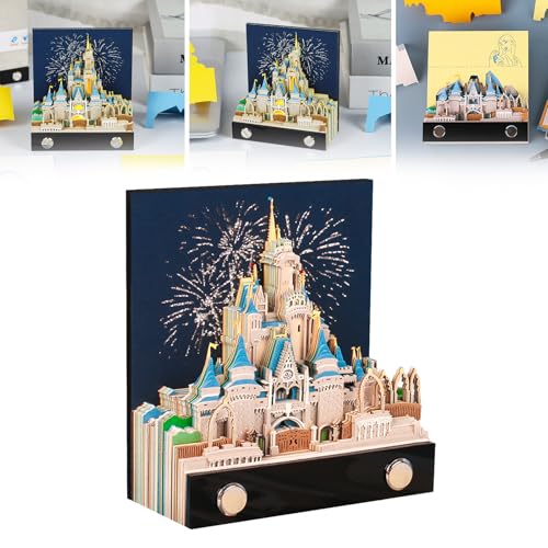 Notizblock 2025, 2025 3D Kalender Tischkalender Schloss Notizblock Mit Lichtkunst 3D Schlossmodell Haftnotizen Aus Papier Mit Schaukasten 3D DIY Kunst Schnitzerei Schlossdekoration von BONJUME