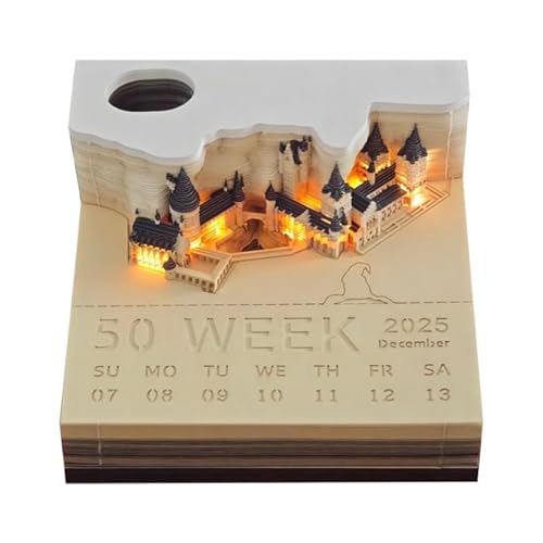 Notizblock 2025, 3D Tischkalender Magisches Schloss Notizblöcke Mit Lichtkunst 3D Schlossmodell Haftnotizen Aus Papier Mit Schaukasten 3D Kunst Schnitzerei Schlossdekoration DIY 9X9X5cm 150Blatt von BONJUME