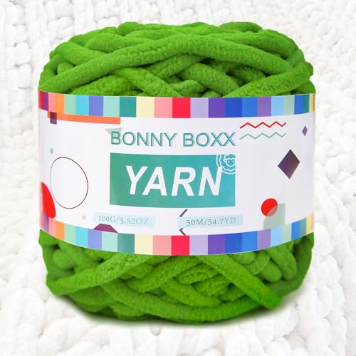 BONNY BOXX Chenille, grobes Häkelgarn, Baby-Samtgarn für Decken, Basteln, flauschiges Plüsch-Garn zum Häkeln und Stricken (100 g, Grasgrün) von BONNY BOXX