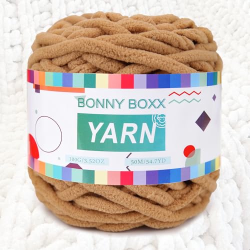 BONNY BOXX Chenille, grobes Häkelgarn, Baby-Samtgarn für Decken, Basteln, flauschiges Plüsch-Garn zum Häkeln und Stricken (100 g, Khaki) von BONNY BOXX