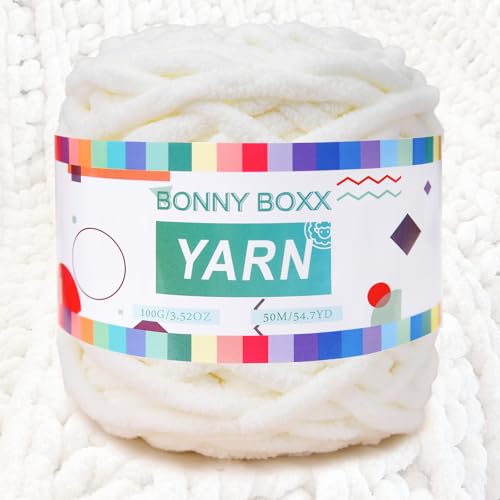 BONNY BOXX Chenille, grobes Häkelgarn, Baby-Samtgarn für Decken, Basteln, flauschiges Plüsch-Garn zum Häkeln und Stricken (100 g, Milchweiß) von BONNY BOXX